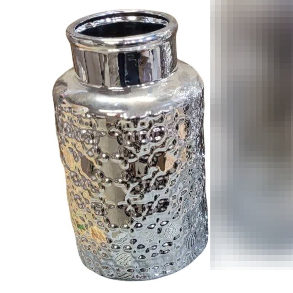 Silver Chrome Ceramic Textured 9.5 inch Embossed Metallic Decorative Vase #1030